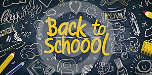 A banner on the blackboard on the theme of the beginning of the new school year. The inscription \