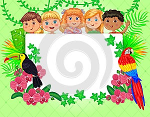 Banner blank for your text summer, tropics and cute kids