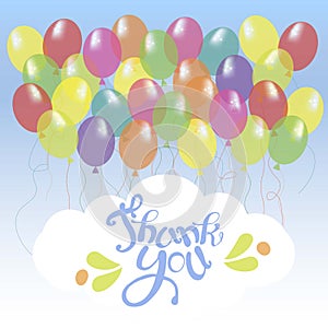 Banner with blue lettering Thank you on white cloud, bright balloons on blue sky