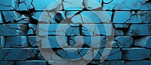 Banner with blue stone wall with cracked and broken bricks or tiles. Abstract background