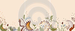 Banner in boho style with a hand holding the moon, mystical snake, sun, flowers and leaves. Minimalist boho design is