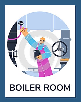 Banner for boiler maintenance and boiler room equipment flat vector illustration.