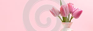 Banner with bouquet of tulip flowers in front of pink background.