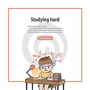 Banner the boy is studying hard with math and a lot of book on the table illustration vector on white background. Education and
