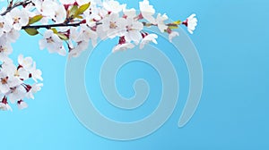 Banner with a branch of blossoming cherry or almond on the left on a blue background with bokeh. Copy space