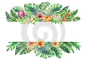 Banner with branches purple Protea flowers, plumeria, hibiscus and tropical plants.