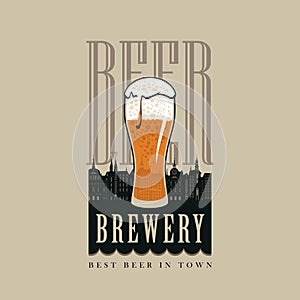 Banner for brewery with beer glass and old town