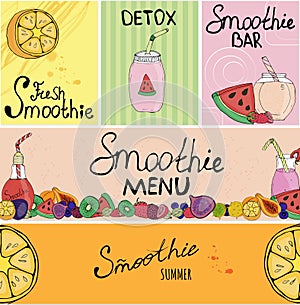 Banner, business card, flyer, beautiful background, detox, vegan, lettering, fruit, tableware for smoothies, packaging, decoration