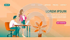 Banner of a business man and woman in a work process