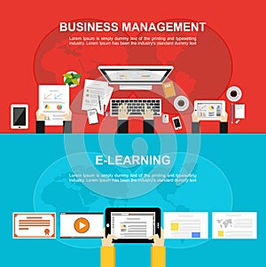 Banner for Business management and E-learning. Flat design, Illustration concepts for business, analysis, working, brainstorming,