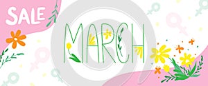 Banner and card for International Women's Day. Spring sale banner