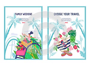 Banner or card set on travel and summer vacation topic, flat vector illustration.