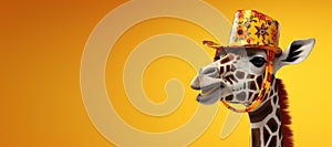 Banner with cartoon cute and funny giraffe head in Mexican hat, isolated on bright empty yellow backdrop with copy space