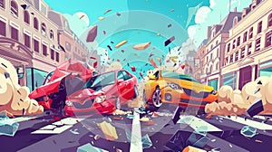 Banner with cartoon illustration of car accident on city street. Modern landing page with cartoon illustration of broken