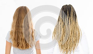 Banner Caucasian and afro woman hair type set back view isolated on white background. African curly hairstyle, ombre and wavy