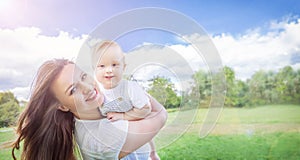 Banner of Caucasians happy baby (boy) and his mother. Healthy child (kid) having fun with mom in the summer.