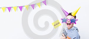 Banner with cheerful boy for the April Fool's day. April 1st celebration concept with copy space