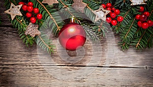 Banner with Christmas gift and decorations on old wood background