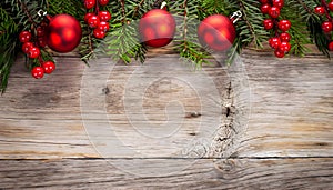 Banner with Christmas gift and decorations on old wood background