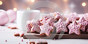 Banner of Christmas gingerbread cookies adorned with sweet pink icing. Cup of coffee and bokeh lights