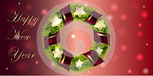 Banner for christmas and new year with wreath and ribbons