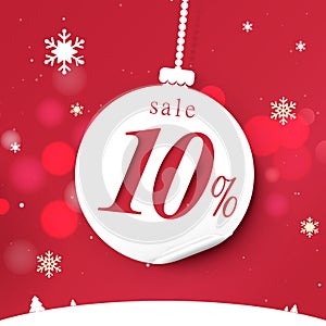 Banner for Christmas sale. White christmas balls hanging on red bokeh background. Vector illustration