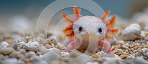 Banner with close-up cute baby axolotl, an amphibian, resting on pebbles in aquarium