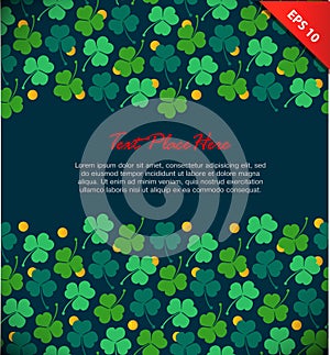 Banner with clover, trefoil. St. Patrick`s day. Design template with decorative floral elements and gold coins. photo