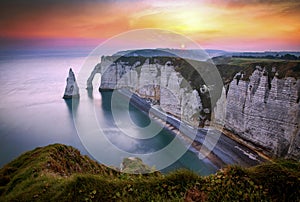 banner of coastal landscape along the Falaise d\'Aval the famous white cliffs of Etretat village with the Porte d\'Aval natural ar