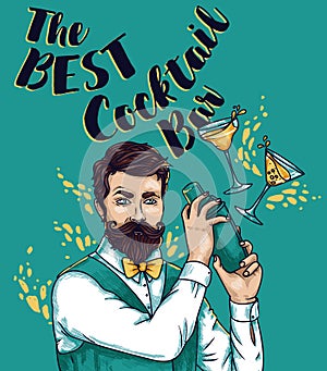 Banner for cocktails bar with trendy bartender