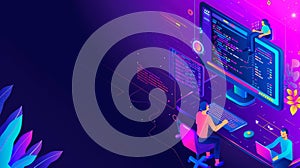 Banner for code testing, concept of software errors, quality control for a website or app. Modern landing page for