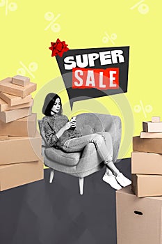 Banner collage of charming girl sit chair use phone choose order goods online shop pile stack carton boxes isolated on