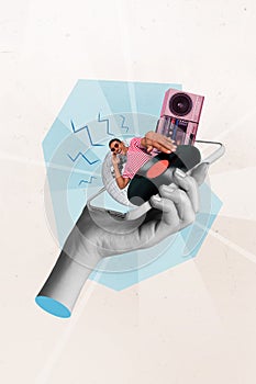 Banner collage of huge hand presenting website media music play loud stereo volume with turntable plate cassette record