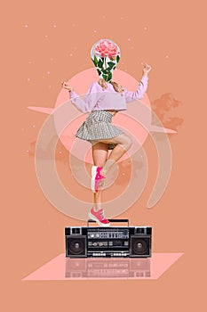 Banner collage image of hipster lady with floral light bulb dancing up boom box on pastel color background