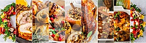 Banner collage of traditional christmas food. Christmas baked meat, snacks, desserts, rolls, baked apples