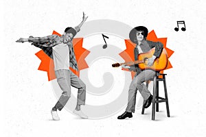Banner collage of young guys play guitar dance wear casual cloth isolated on painting white color background