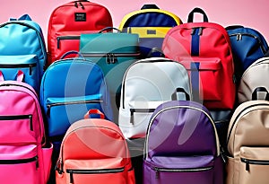 a banner with a collection of backpacks of different styles, sizes, colors, materials and shapes