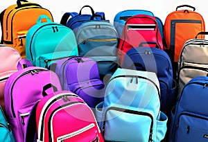 a banner with a collection of backpacks of different styles, sizes, colors, materials and shapes