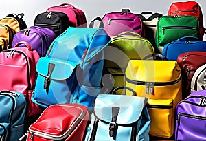 a banner with a collection of backpacks of different styles, sizes, colors, materials and shapes