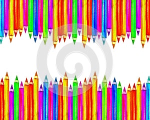 Banner colorful wooden pencils in watercolor isolated on white background, blank frame back to school, art and creativity concept