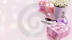 Banner Composition flat lay gift to a woman Modern gadget mobile phone glass cocktail perfume bouquet of flowers Preparing for the