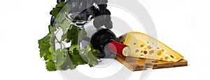 Banner composition with glass of wine , bottle of red wine, cheese and grapes,  white background,  insulation,  no peopje
