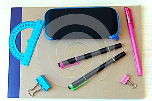 Banner concept Back to School, pencil, Notebook, eyeglass case, pencil case, accessorie. Top View Flat Lay