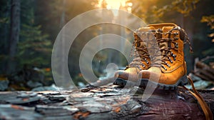 banner concept depicting a pair of hiking boots and a backpack on a log in the wilderness, symbolizing a camping photo