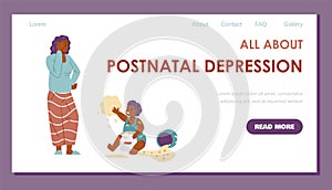 Banner concept with tired mom who is experiencing stress, postpartum depression