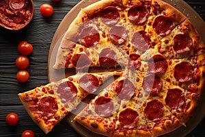 Banner concept top view of hot pepperoni pizza with copy