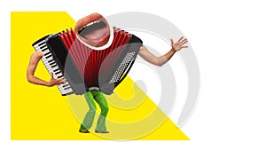 Banner. Contemporary art collage. Music instrument. Accordion with lips and legs dancing and singing.