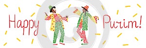 Banner. Contemporary art collage. Two individuals in colorful suits celebrating Purim with text Happy Purim and confetti