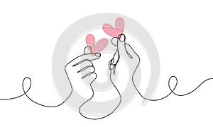 Banner continuous line heart gesture, finger heart. Line art two hands, korean heart. Love. Valentines day. Hand drawn photo