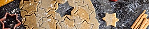 Banner of Cooking Christmas gingerbread cookies with ingredients on a dark background